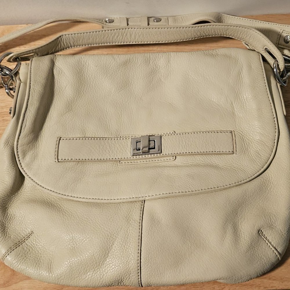 Calvin Klein Leather Crossbody Bag Purse 2 Straps Silver Hardware Cream Colored